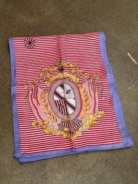 Ellen Tracy Red & Light Blue Crest Stripe Silk Scarf